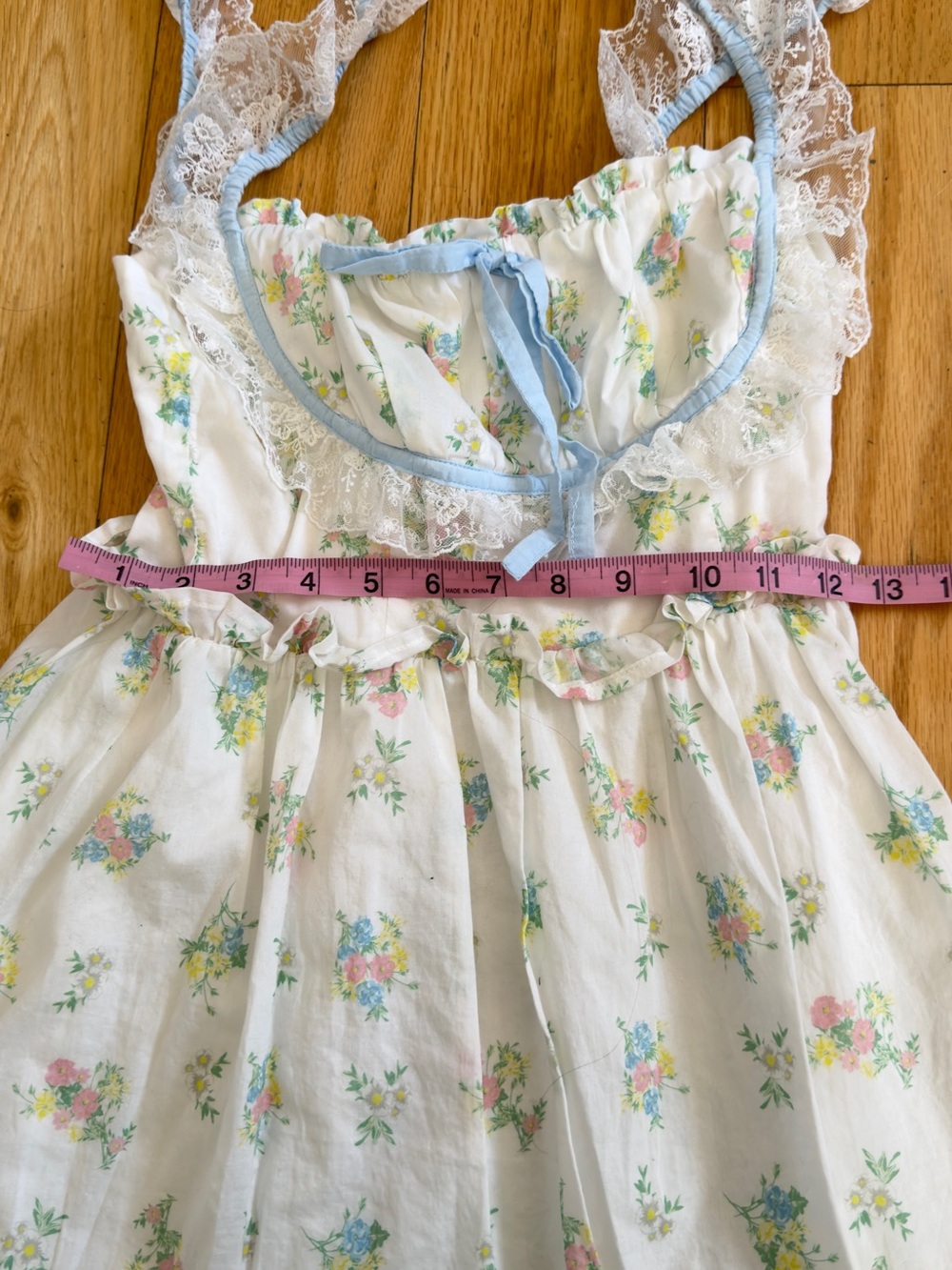 For Love & Lemons Sage Floral Mini Dress with Blue Trim and lace - Picture 4 of 6